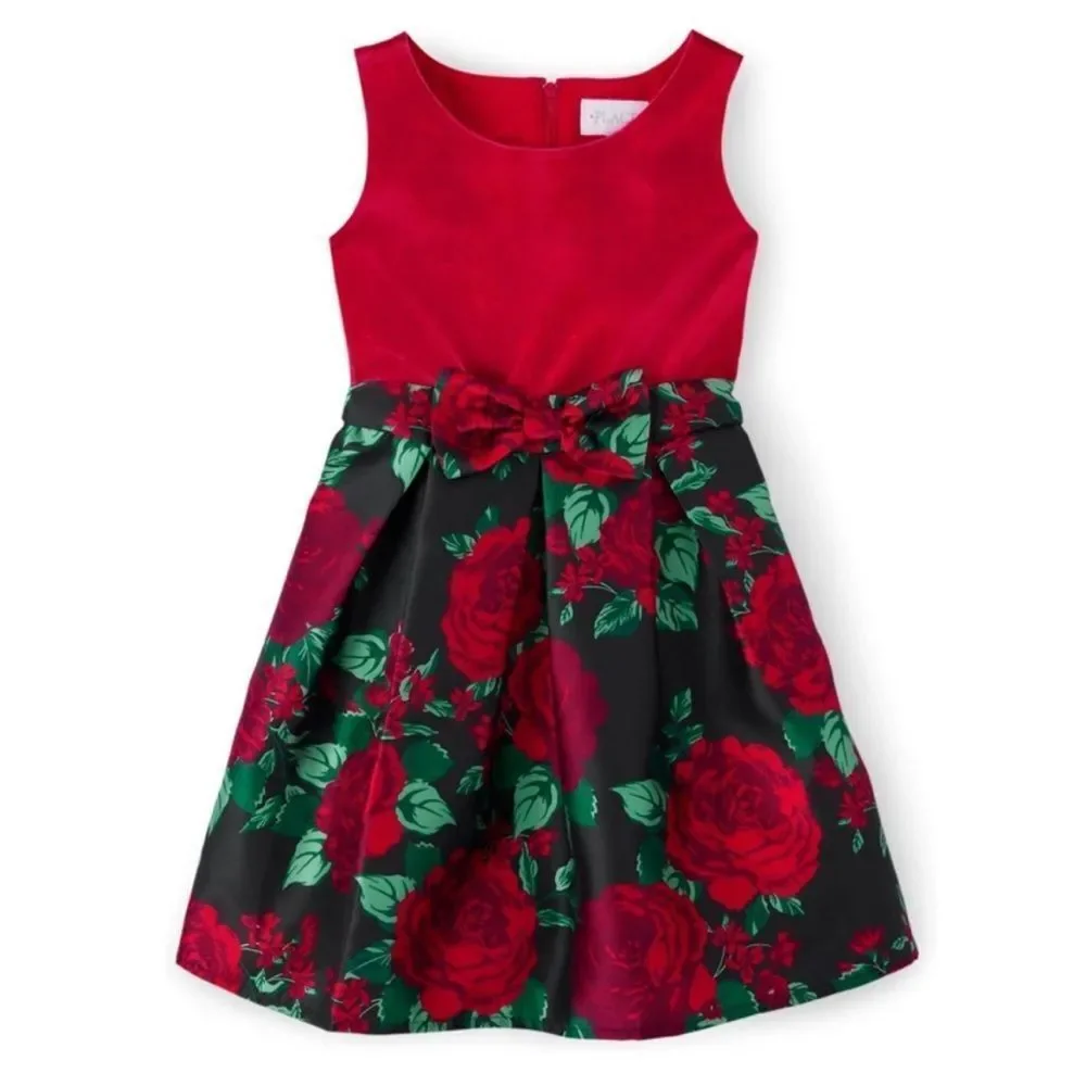 The Children’s Place Big Girls’ Red Black Floral Dress Holiday Party Birthday